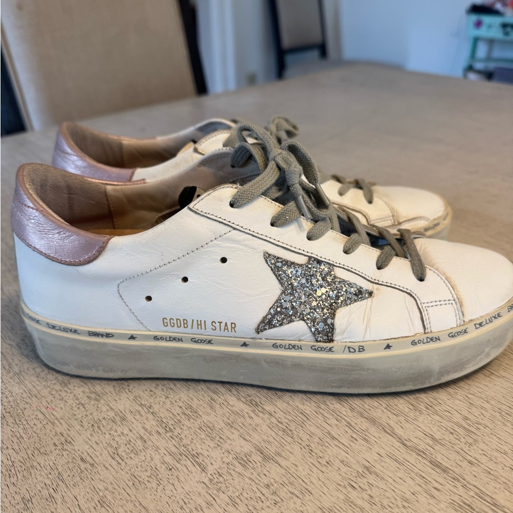 Golden Goose Hi Star White Sneakers with Glitter Star - Picture 3 of 6